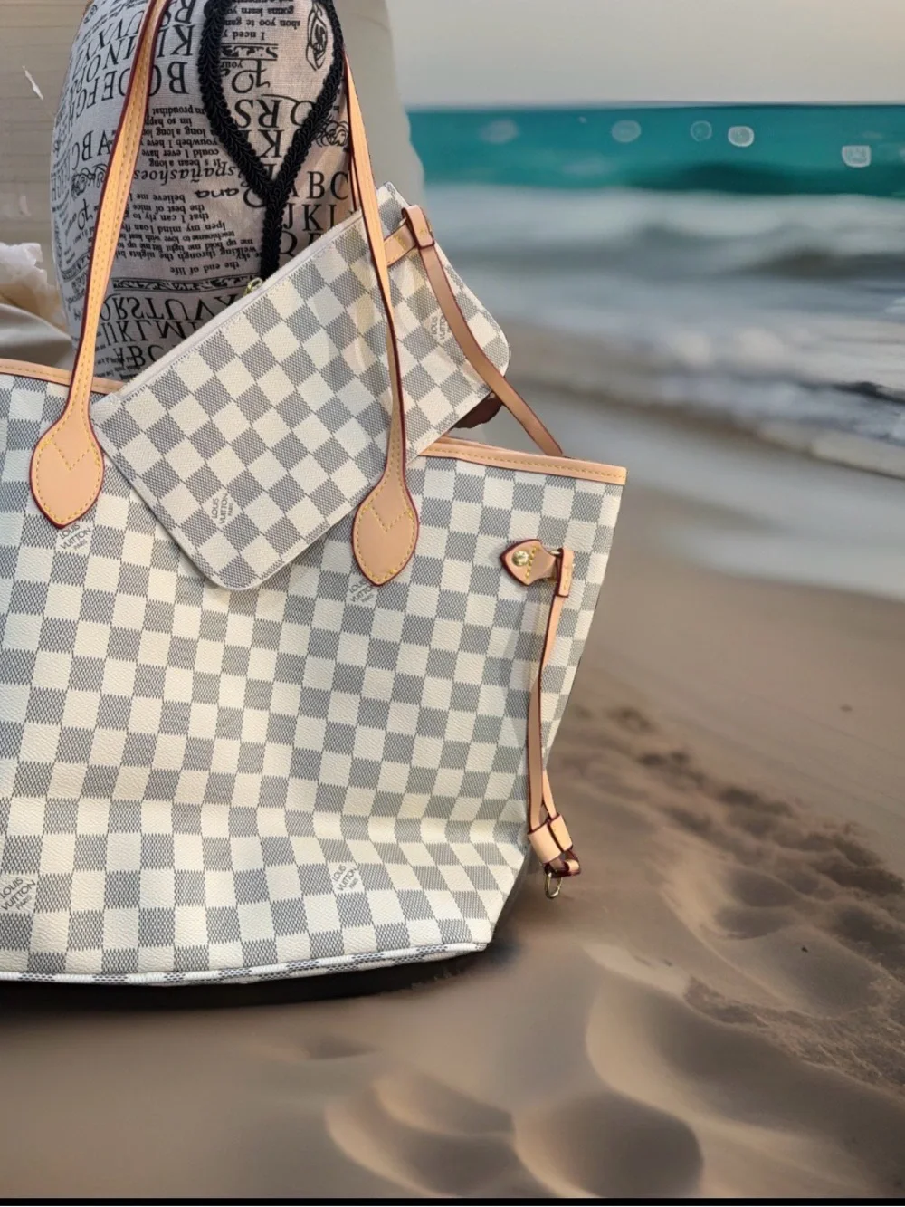 Checkerboard White and Light Gray Tote with Natural Trim